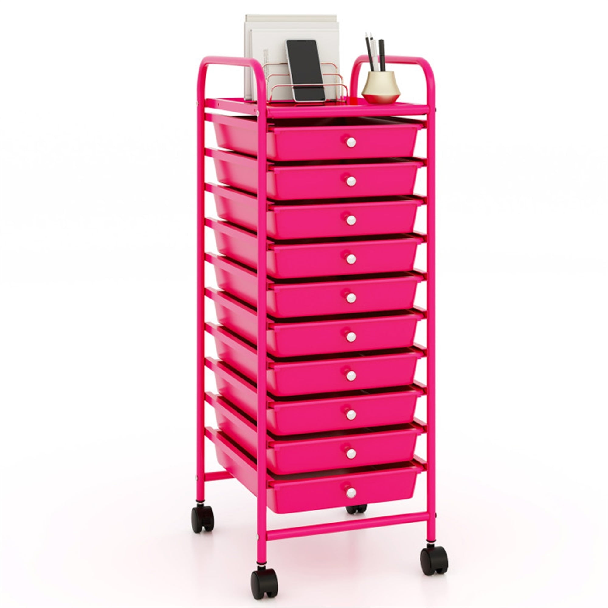 Demi Bonn 10 Drawer Rolling Storage Cart Organizer with 4 Universal Casters, Rose Red