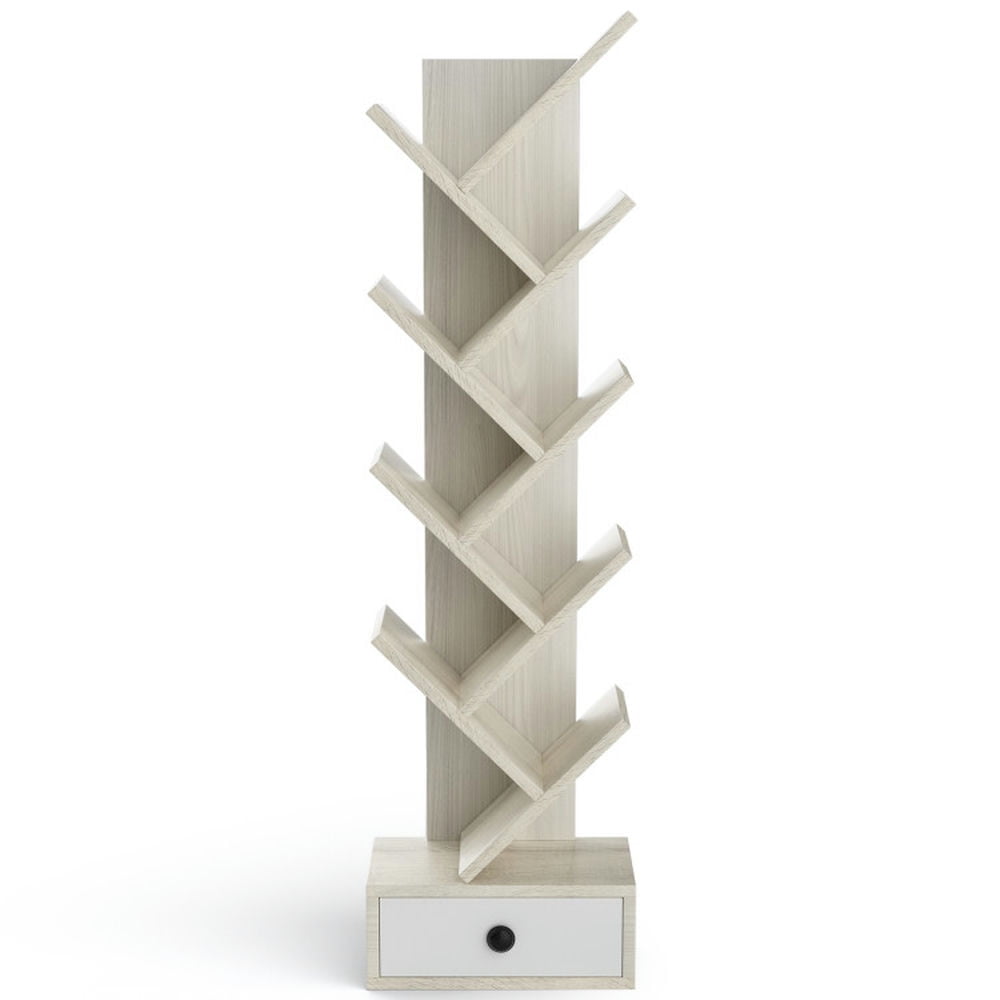 Finihen 10-Tier Floor Standing Tree Bookshelf with Drawer, Space-Saving Bookshelf with Anti-Tipping Kit, Beige