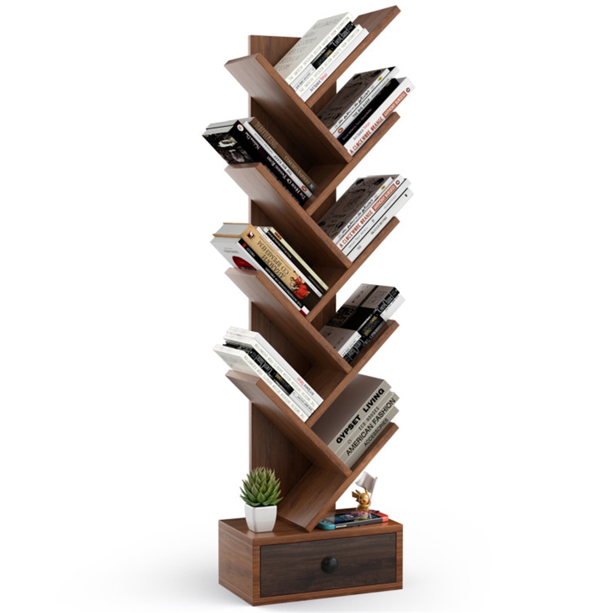 Demi Bonn 10-Tier Floor Standing Tree Bookshelf with Drawer, Space-Saving Bookshelf with Anti-Tipping Kit, Brown