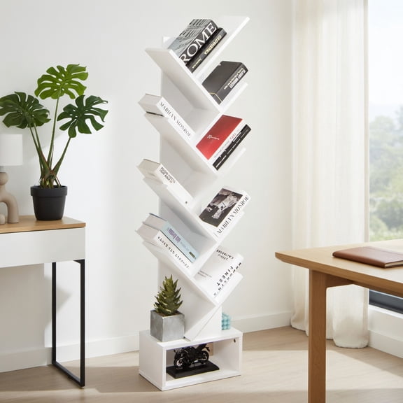 Demi Bonn 10-tier Tree Bookshelf with Drawer, Free-standing Storage Bookcase, White
