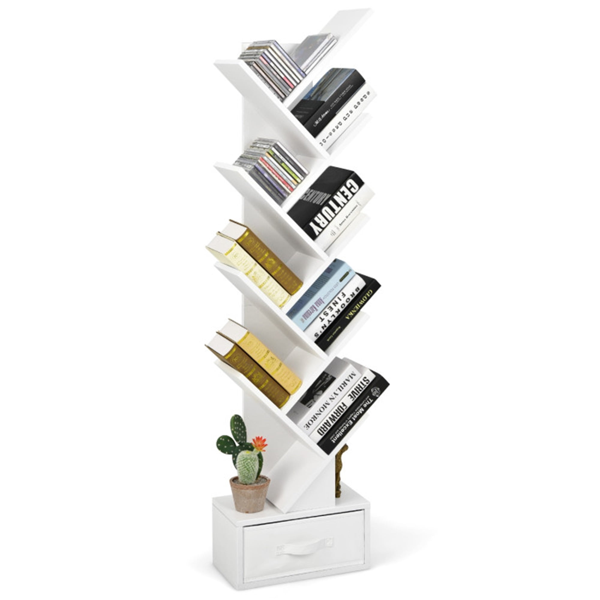 Finihen 10-tier Tree Bookshelf with Drawer, Free-standing Storage Bookcase, White Finihen 10-tier Tree Bookshelf with Drawer, Free-standing Storage Bookcase, White