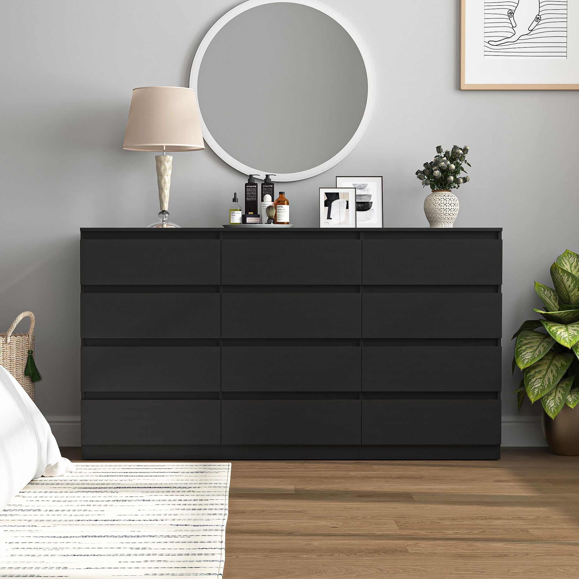 Demi Bonn 12 Drawer Double Dresser, Modern 12 Chest of Drawers with Deep Drawers, Wide Storage Organizer Cabinet for Living Room, Black
