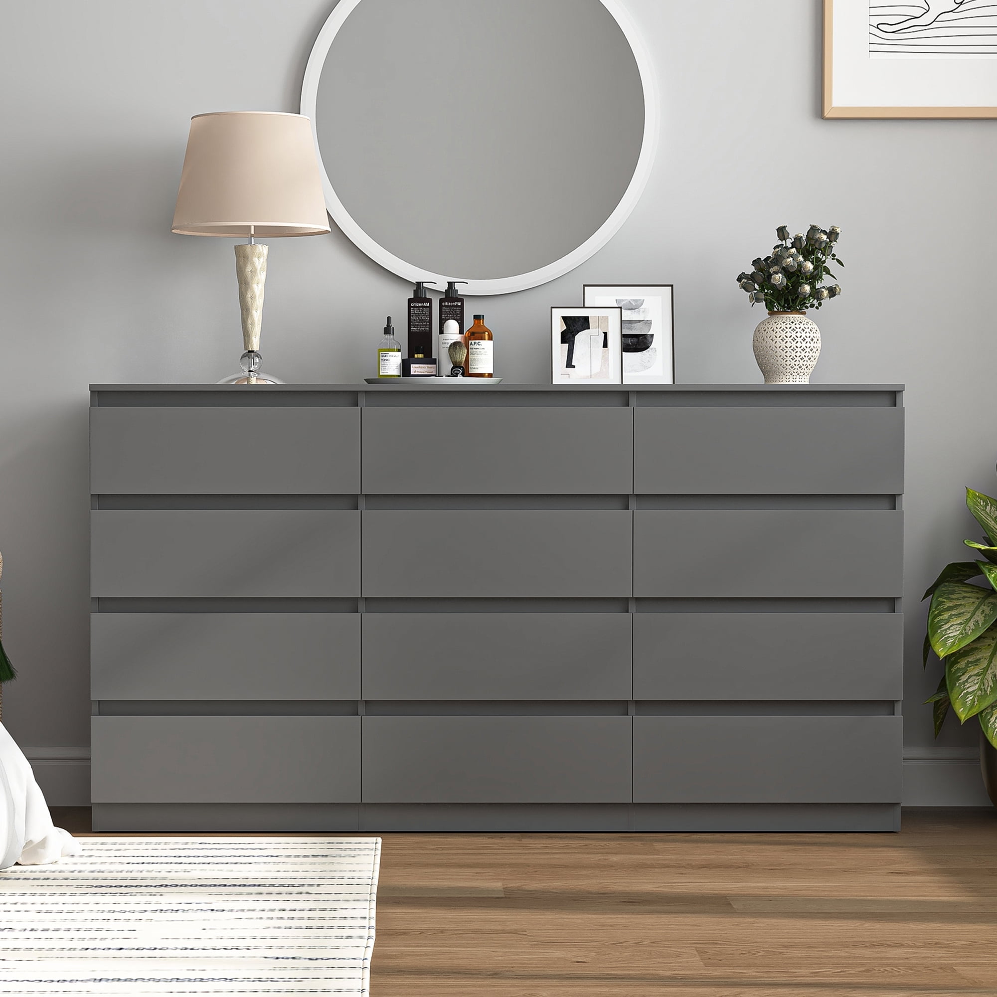 Demi Bonn 12 Drawer Double Dresser, Modern 12 Chest of Drawers with Deep Drawers, Wide Storage Organizer Cabinet for Living Room, Gray