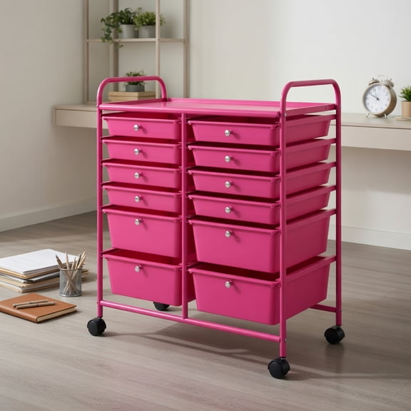 Demi Bonn 12 Drawers Rolling Cart Storage Scrapbook Paper Organizer Bins with 4 Universal Casters, Rose Red