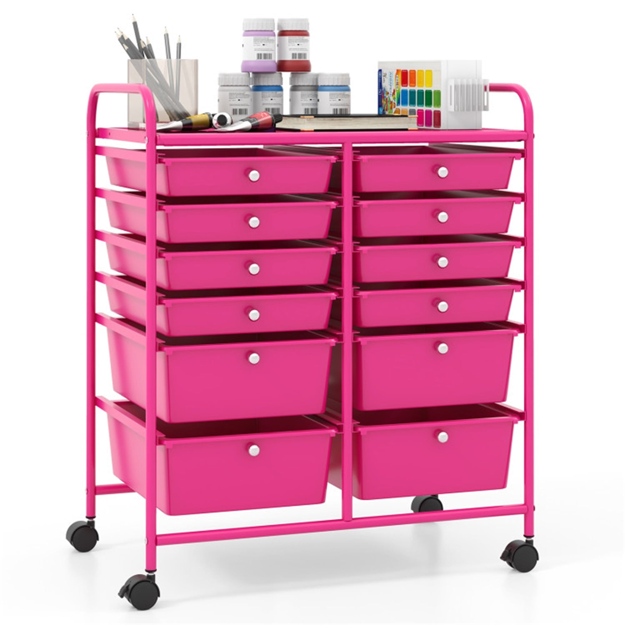 Demi Bonn 12 Drawers Rolling Cart Storage Scrapbook Paper Organizer Bins with 4 Universal Casters, Rose Red