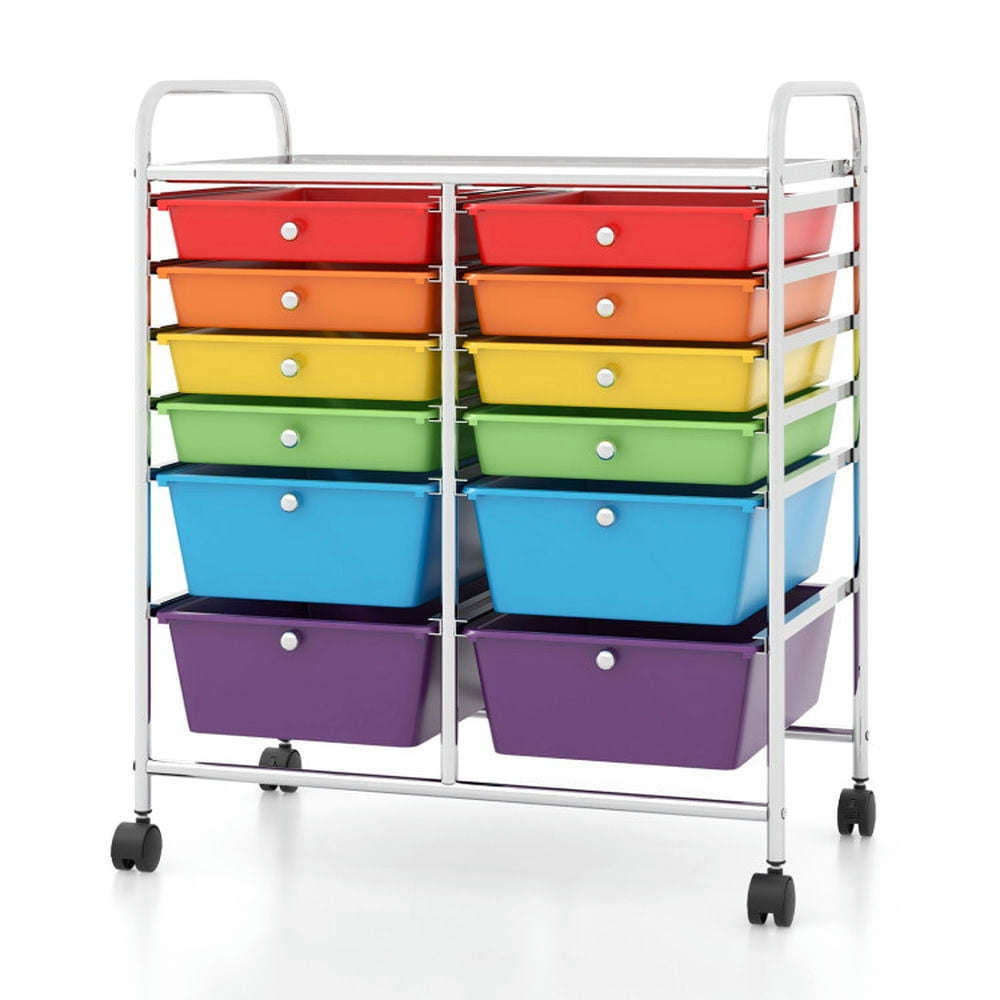 Finihen 12 Drawers Rolling Cart Storage Scrapbook Paper Organizer Bins with 4 Universal Casters, Transparent Multicolor