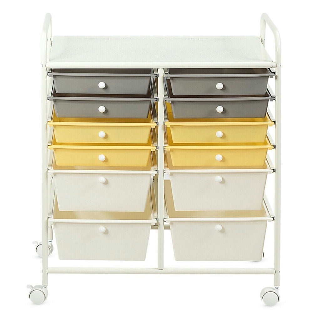 Demi Bonn 12 Drawers Rolling Cart Storage Scrapbook Paper Organizer Bins with 4 Universal Casters, Yellow & Beige & Gray
