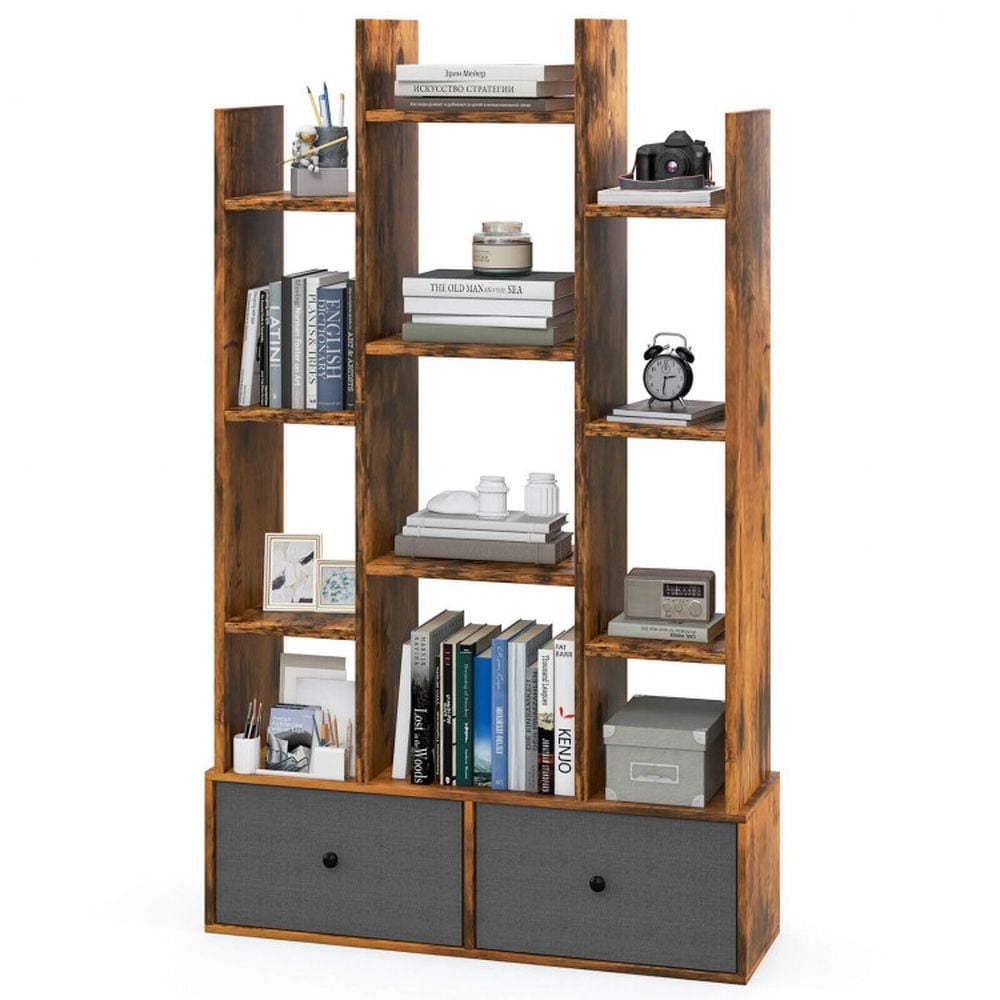 Demi Bonn 12-Tier Open-Back Bookshelf with Drawer, Space-Saving Storage Rack Bookcase, Brown