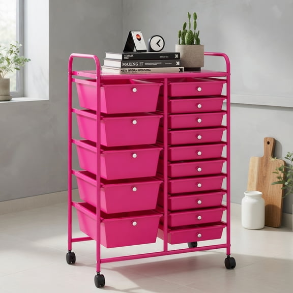 Demi Bonn 15-Drawer Utility Rolling Organizer Cart Multi-Use Storage with 4 Universal Casters, Pink