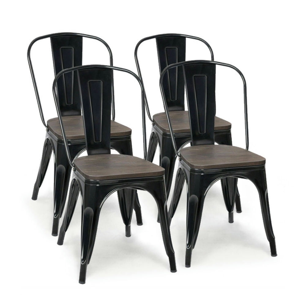Demi Bonn 18" Height Set of 4 Stackable Style Metal Wood Dining Chair with Space Saving Design for Living Room, Black