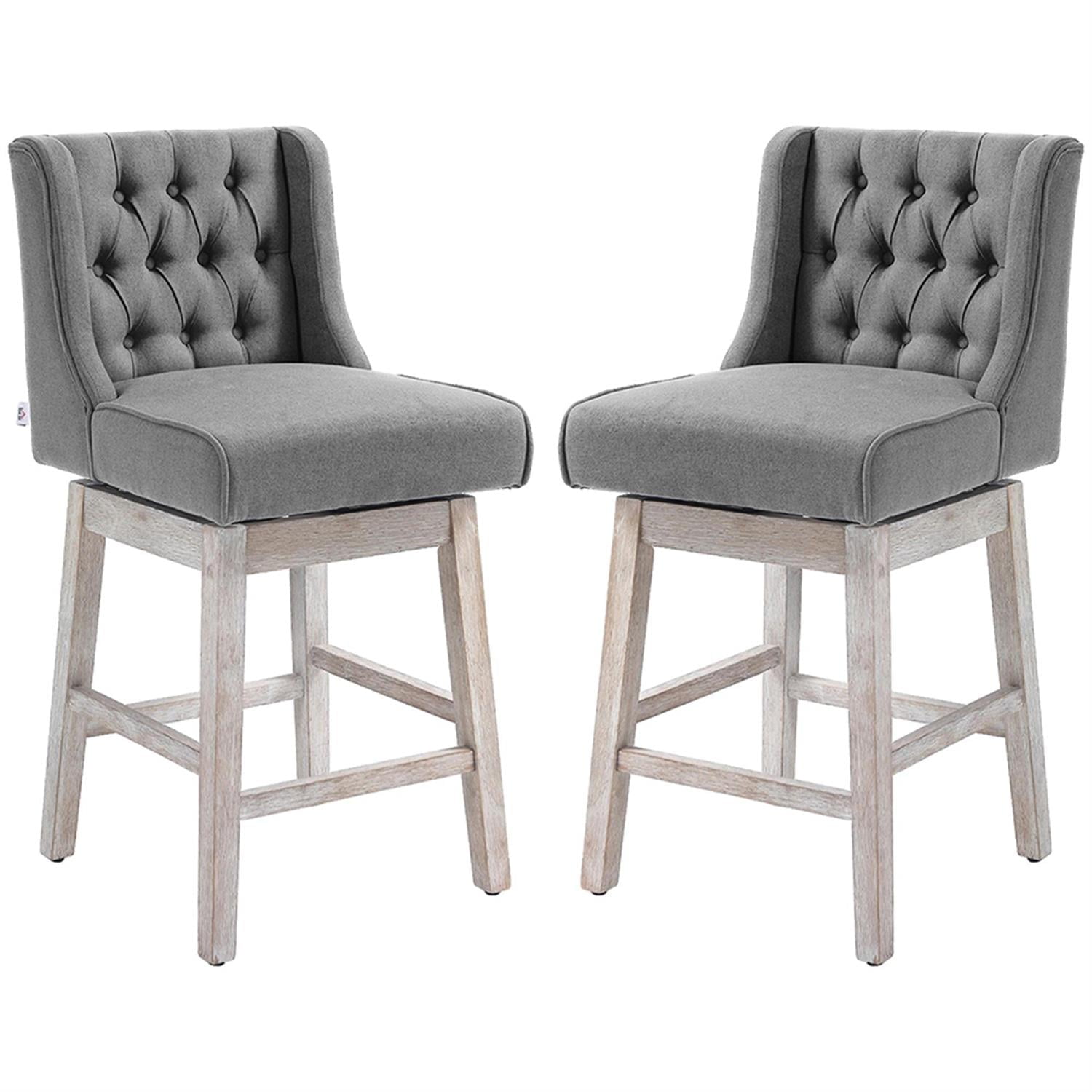 Demi Bonn 180 Degree Swivel Bar Stool Set of 2, Modern Cushioned Bar 27" Seat Height Stool with Linen Upholstery, Button Tufted Back and Solid Wood Legs, Gray
