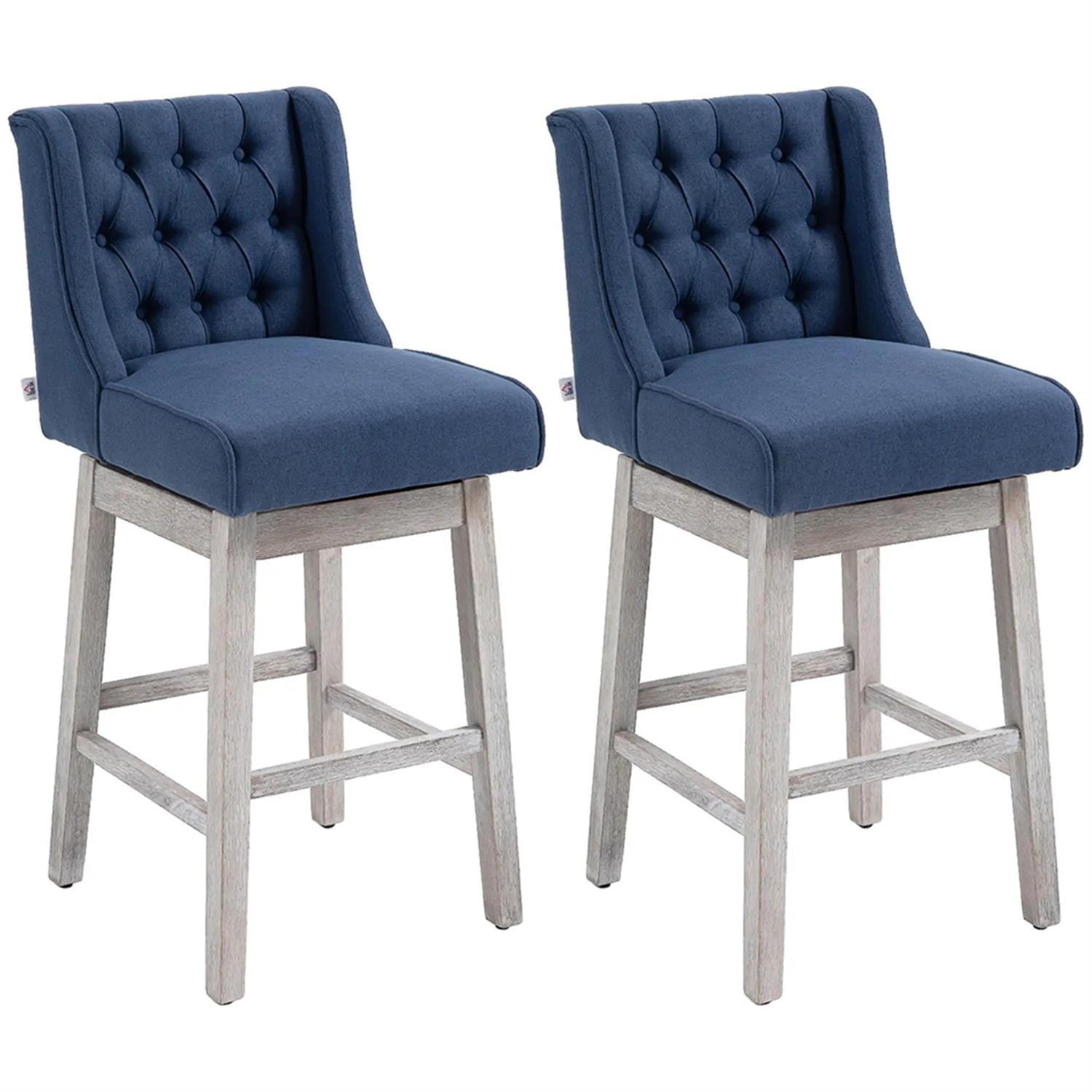 Demi Bonn 180 Degree Swivel Bar Stool Set of 2, Modern Cushioned Bar 30" Seat Height Stool with Button Tufted Back and Solid Wood Legs, Blue