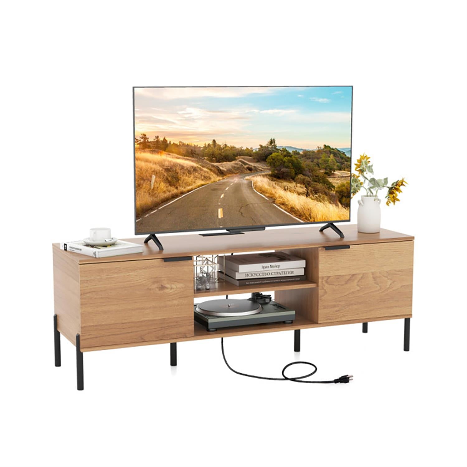 Demi Bonn 2-Door TV Stand for 65" TVs, Entertainment Center with Charging Station and Open Shelves, Modern Media TV Console Table for Living Room Bedroom, Brown