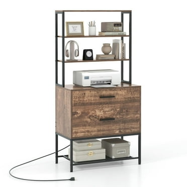 Finihen 2 Drawer Freestanding File Cabinet with Charging Station and 3-Tier Open Shelves, Brown