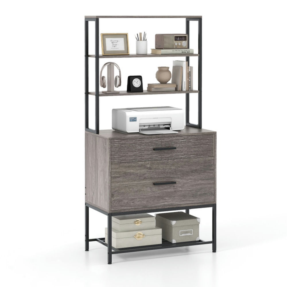 Finihen 2 Drawer Freestanding File Cabinet with Charging Station and 3-Tier Open Shelves, Gray Finihen 2 Drawer Freestanding File Cabinet with Charging Station and 3-Tier Open Shelves, Gray