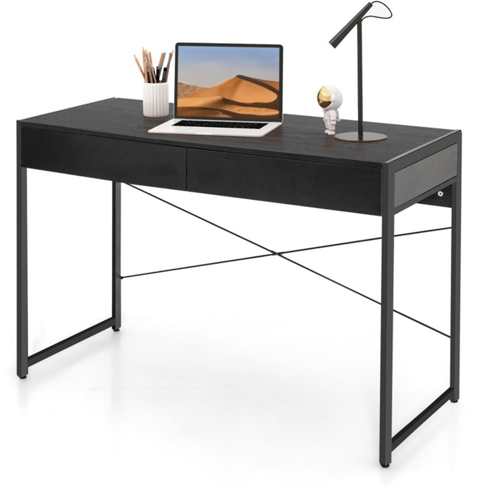 Finihen 2-Drawer Home Office Desk with Steel Frame, Small Home Computer Desk Study Writing Table, Black Finihen 2-Drawer Home Office Desk with Steel Frame, Small Home Computer Desk Study Writing Table, Black