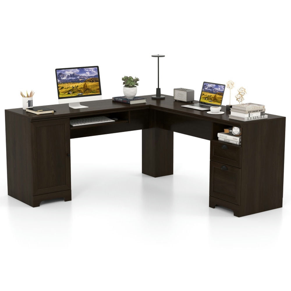Finihen 2-Drawer Home Office Desk with Steel Frame, Small Home Computer Desk Study Writing Table, Brown Finihen 2-Drawer Home Office Desk with Steel Frame, Small Home Computer Desk Study Writing Table, Brown