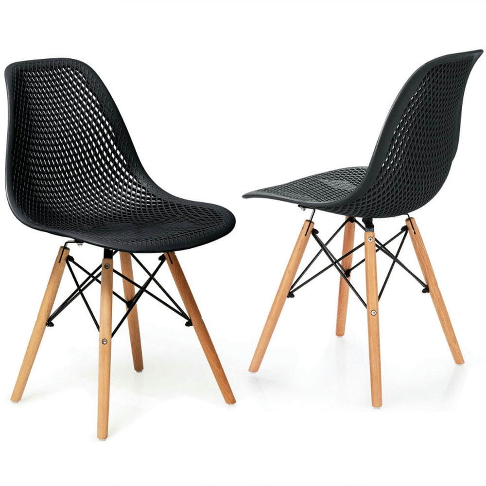 Finihen 2 Pcs Modern Plastic Hollow Dining Chairs Set with Wood Leg, Black Finihen 2 Pcs Modern Plastic Hollow Dining Chairs Set with Wood Leg, Black