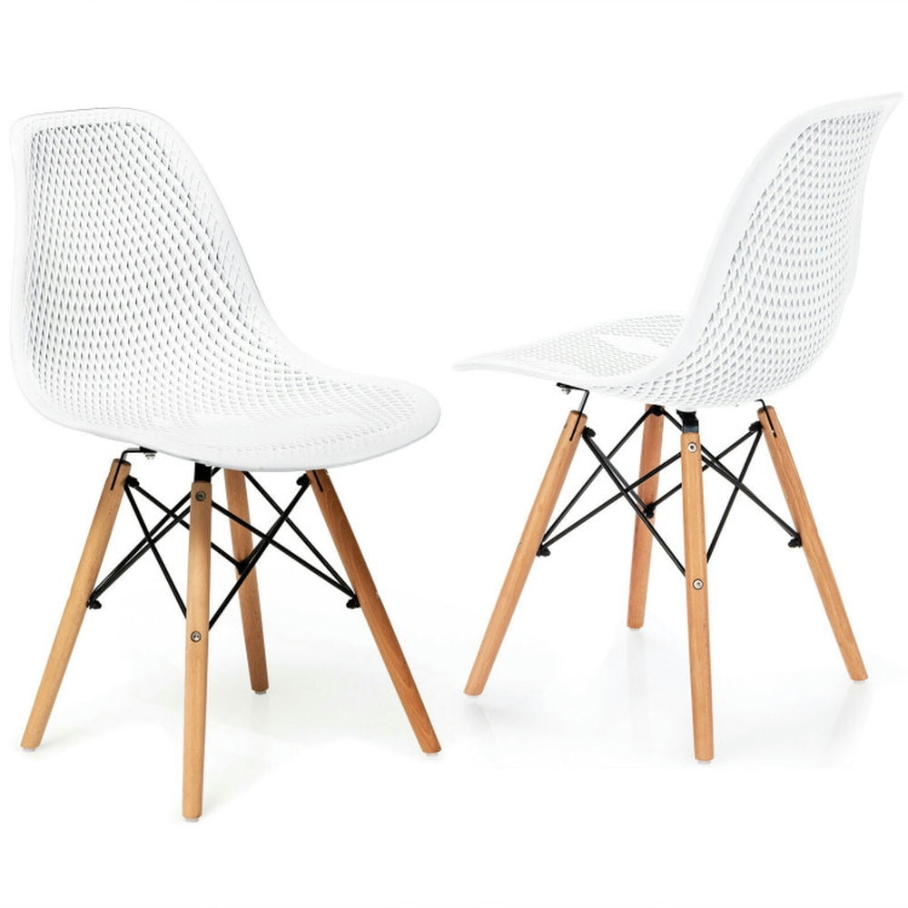 Finihen 2 Pcs Modern Plastic Hollow Dining Chairs Set with Wood Leg, White Finihen 2 Pcs Modern Plastic Hollow Dining Chairs Set with Wood Leg, White
