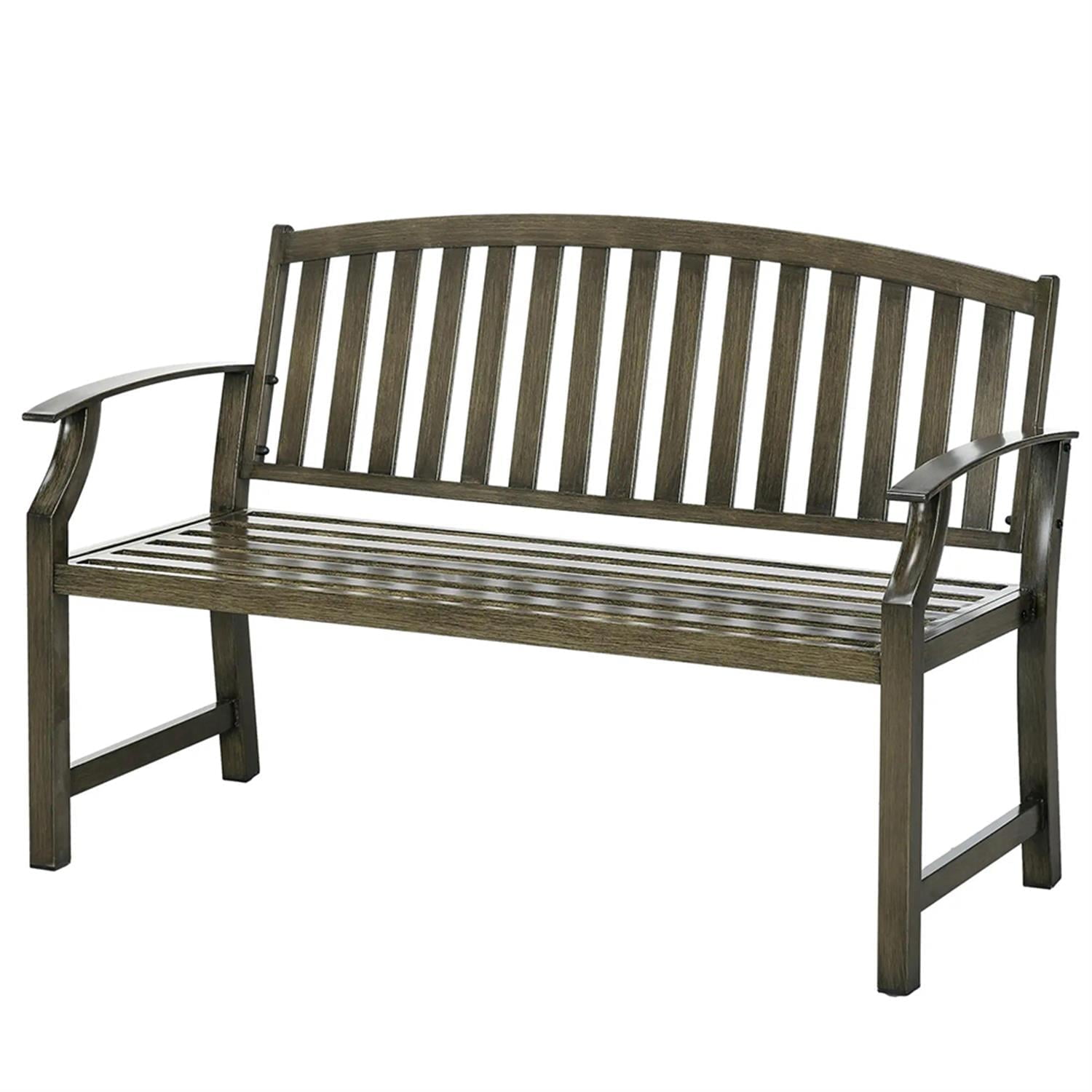 Demi Bonn 2-Person Patio Garden Bench Metal Porch Bench, Outdoor Benches Furniture with Wood Look for Backyard, Park, Lawn, Yard, Black