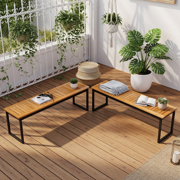 Demi Bonn 2-Piece Patio Outdoor Bench Backless with Slatted Seat and Metal Legs, Dining Bench for Garden Poolside Balcony, Beige