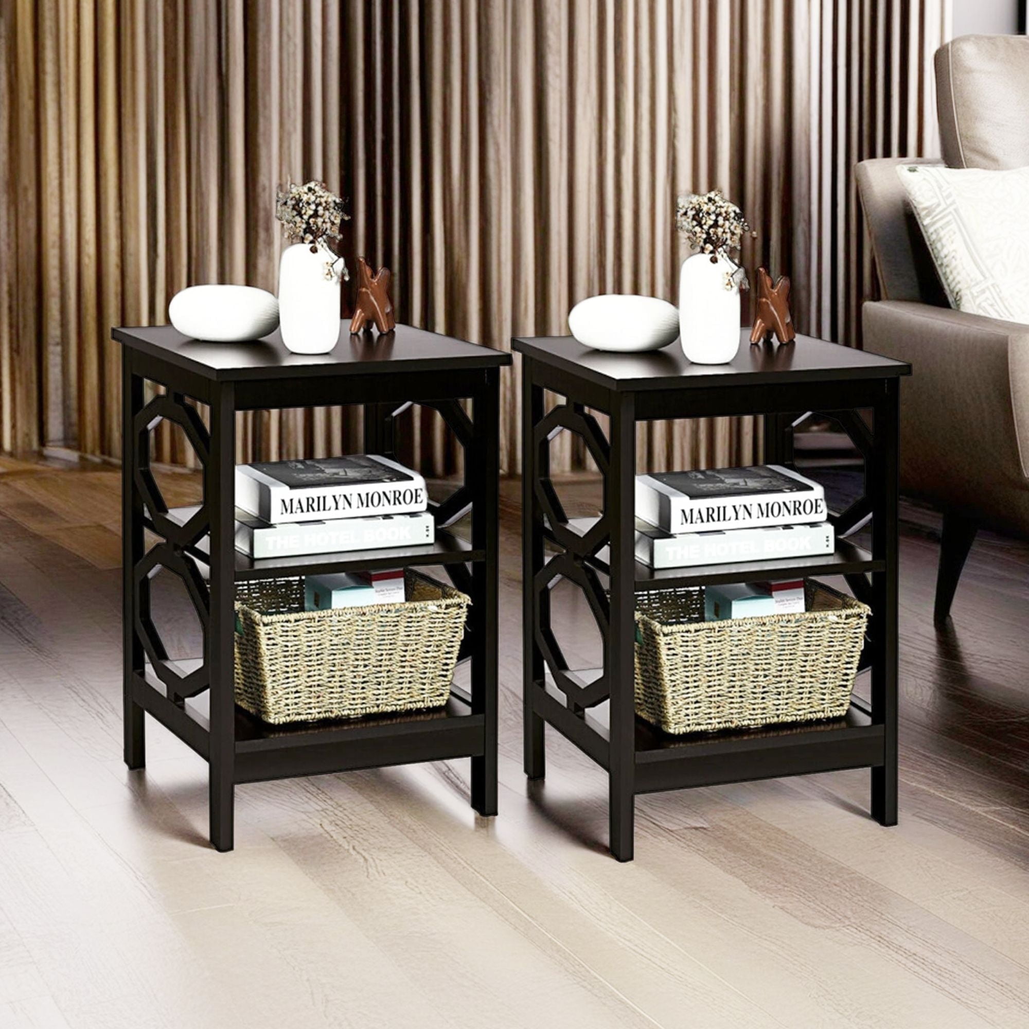 Demi Bonn 2 Pieces 3-tier End Side Table, Sofa and Bed Side Table, Nightstand Accent Table Storage Display Shelf, for Living Room, Bedroom, Black