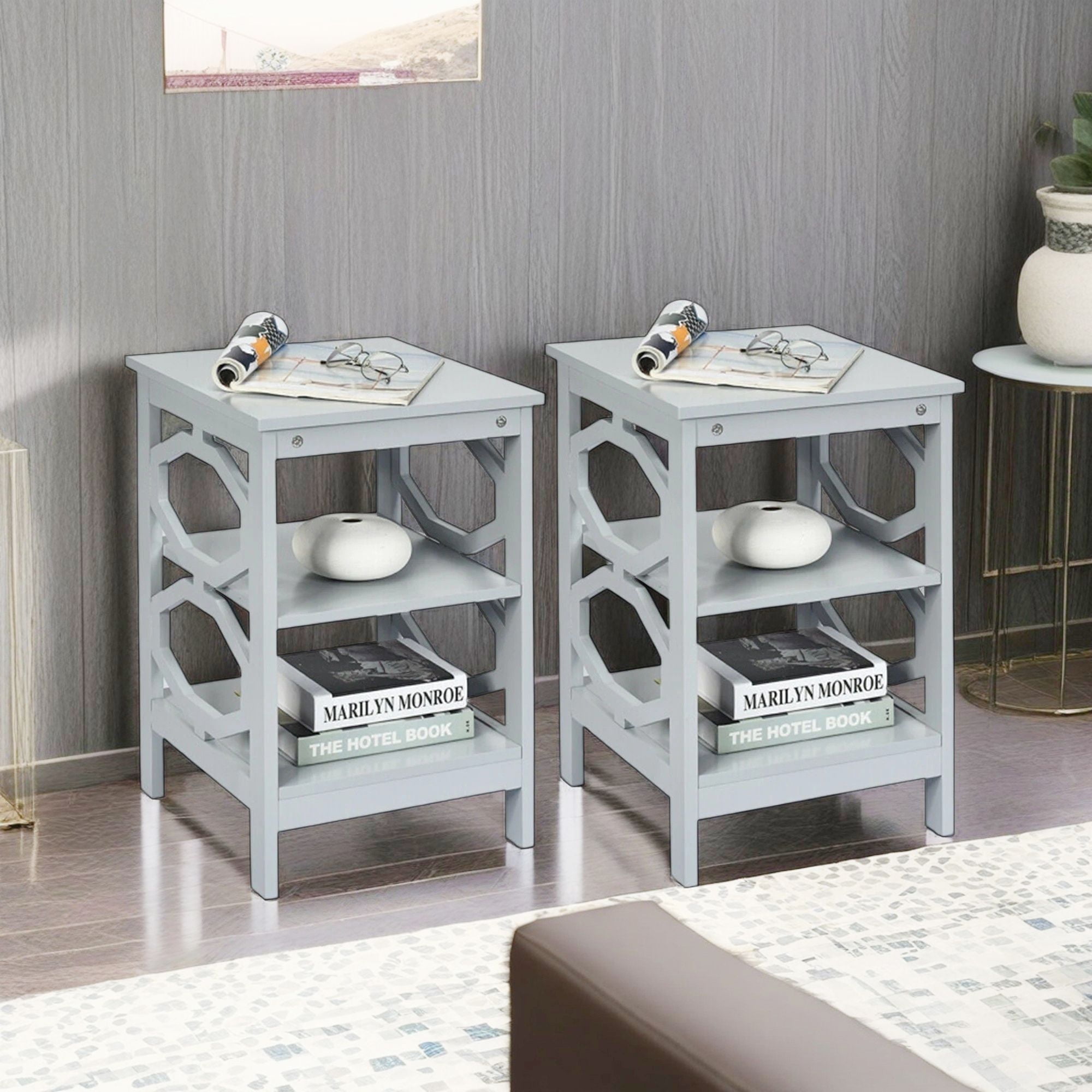 Demi Bonn 2 Pieces 3-tier End Side Table, Sofa and Bed Side Table, Nightstand Accent Table Storage Display Shelf, for Living Room, Bedroom, Gray