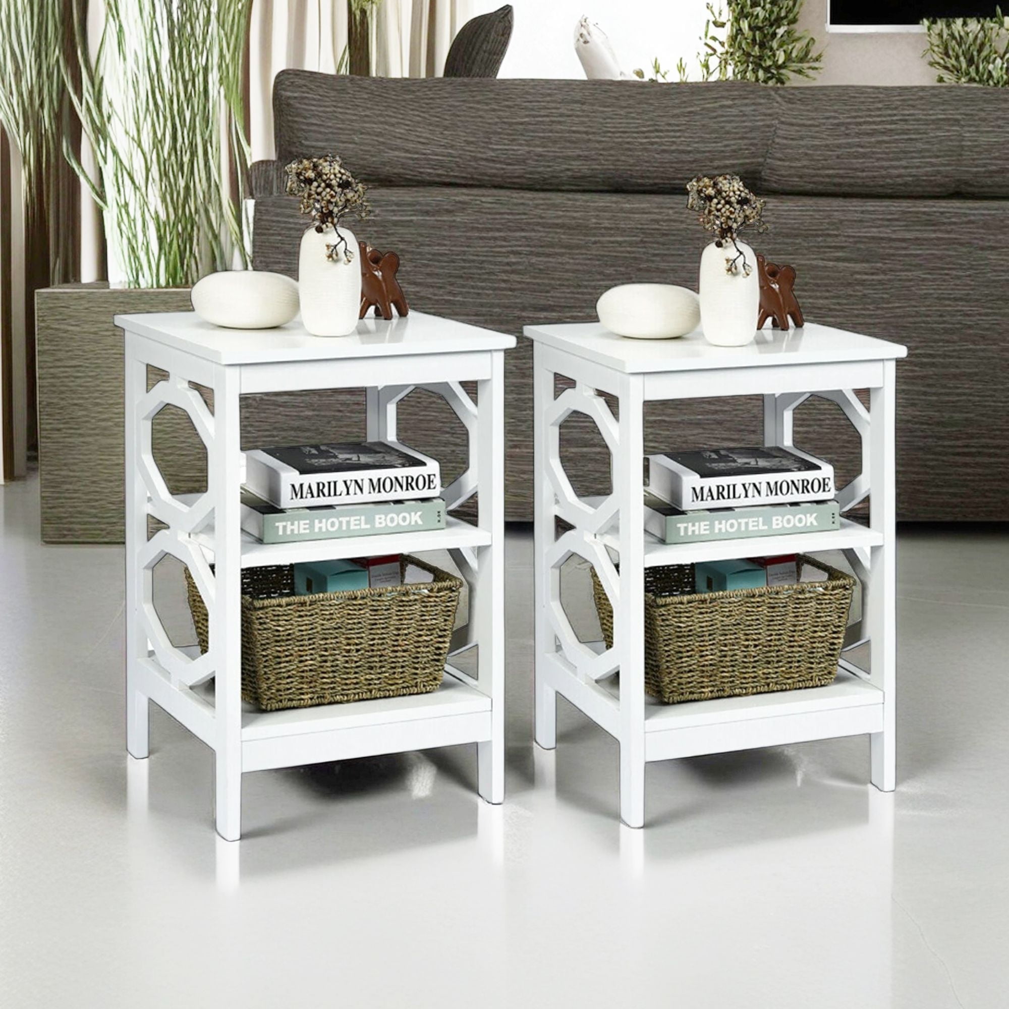 Demi Bonn 2 Pieces 3-tier End Side Table, Sofa and Bed Side Table, Nightstand Accent Table Storage Display Shelf, for Living Room, Bedroom, White