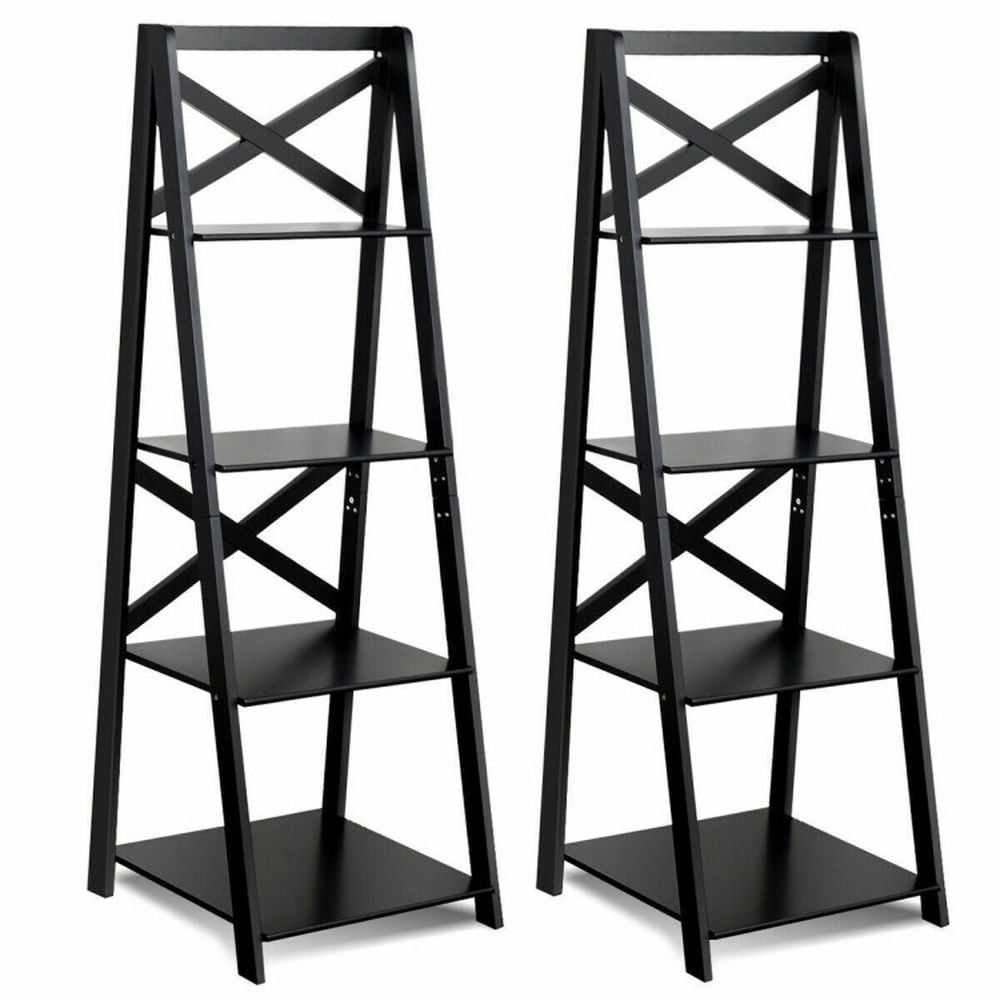 Finihen 2 Pieces 4-Tier Leaning Bookshelf Set, Free Standing Ladder Shelf Bookcase, Black Finihen 2 Pieces 4-Tier Leaning Bookshelf Set, Free Standing Ladder Shelf Bookcase, Black