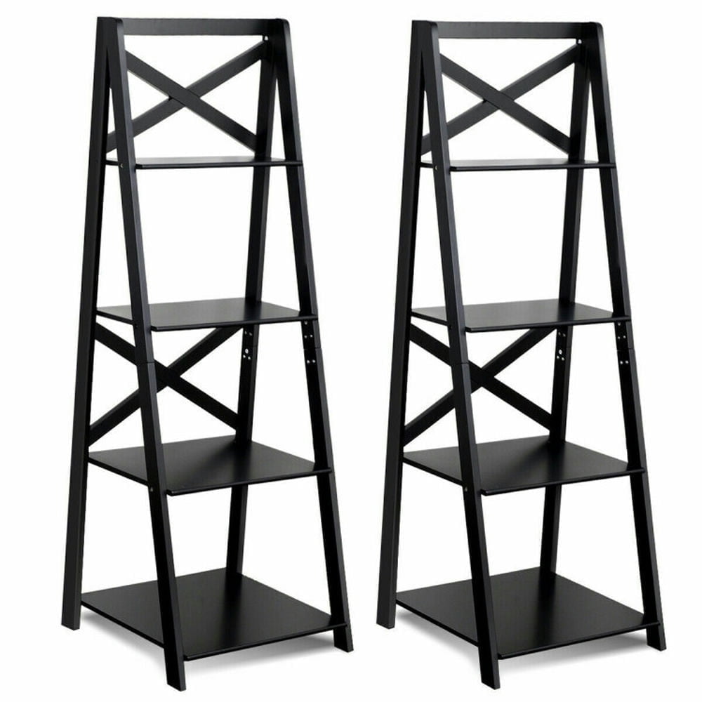 Demi Bonn 2 Pieces 4-Tier Leaning Bookshelf Set, Free Standing Ladder Shelf Bookcase, Black