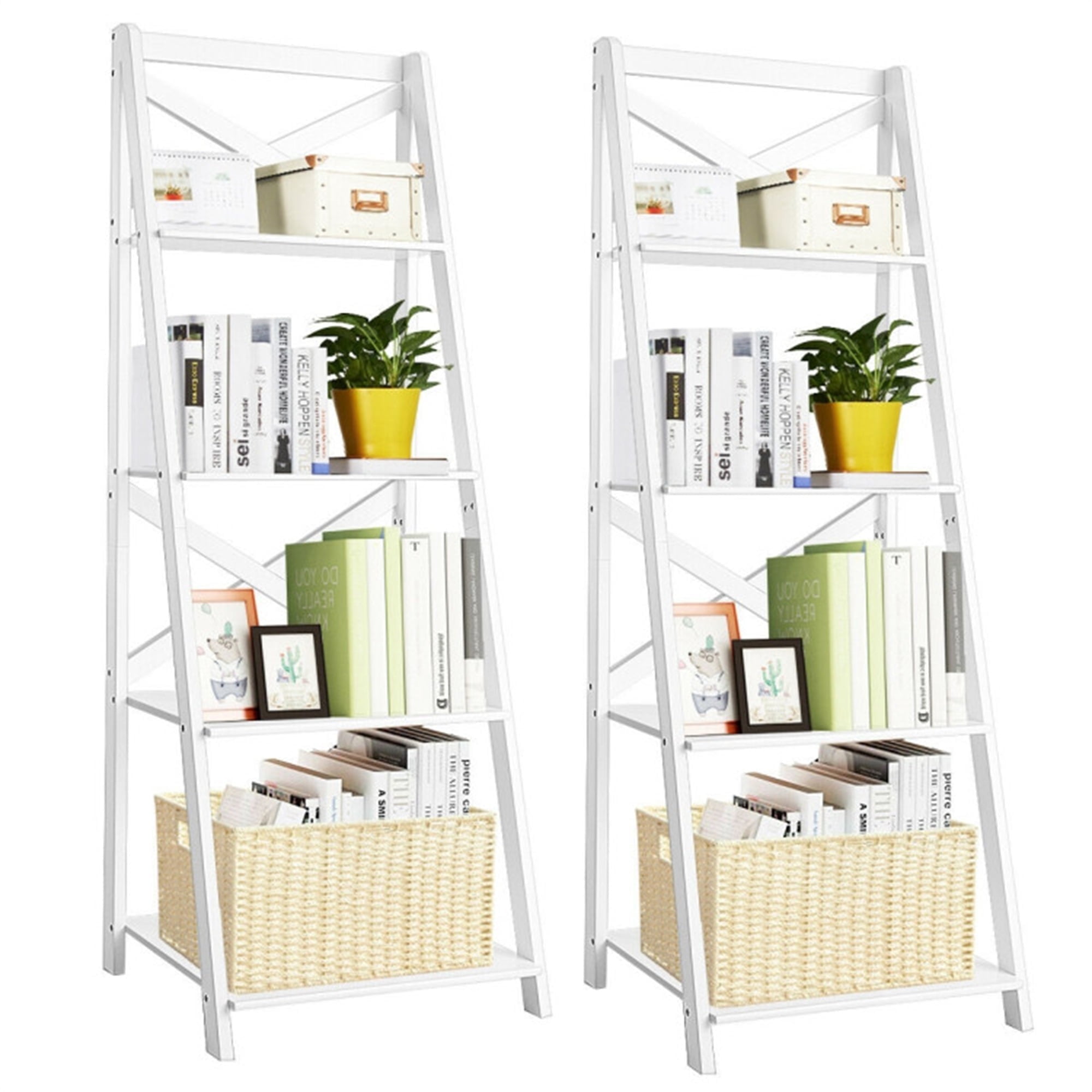 Demi Bonn 2 Pieces 4-Tier Leaning Bookshelf Set, Free Standing Ladder Shelf Bookcase, White
