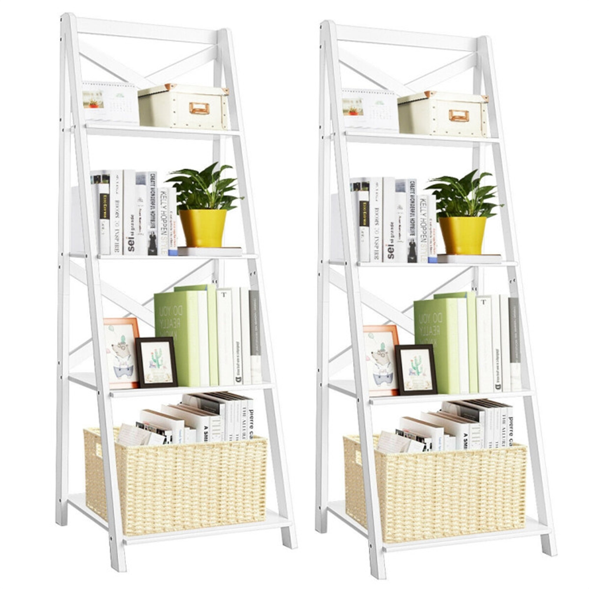 Finihen 2 Pieces 4-Tier Leaning Bookshelf Set, Free Standing Ladder Shelf Bookcase, White Finihen 2 Pieces 4-Tier Leaning Bookshelf Set, Free Standing Ladder Shelf Bookcase, White