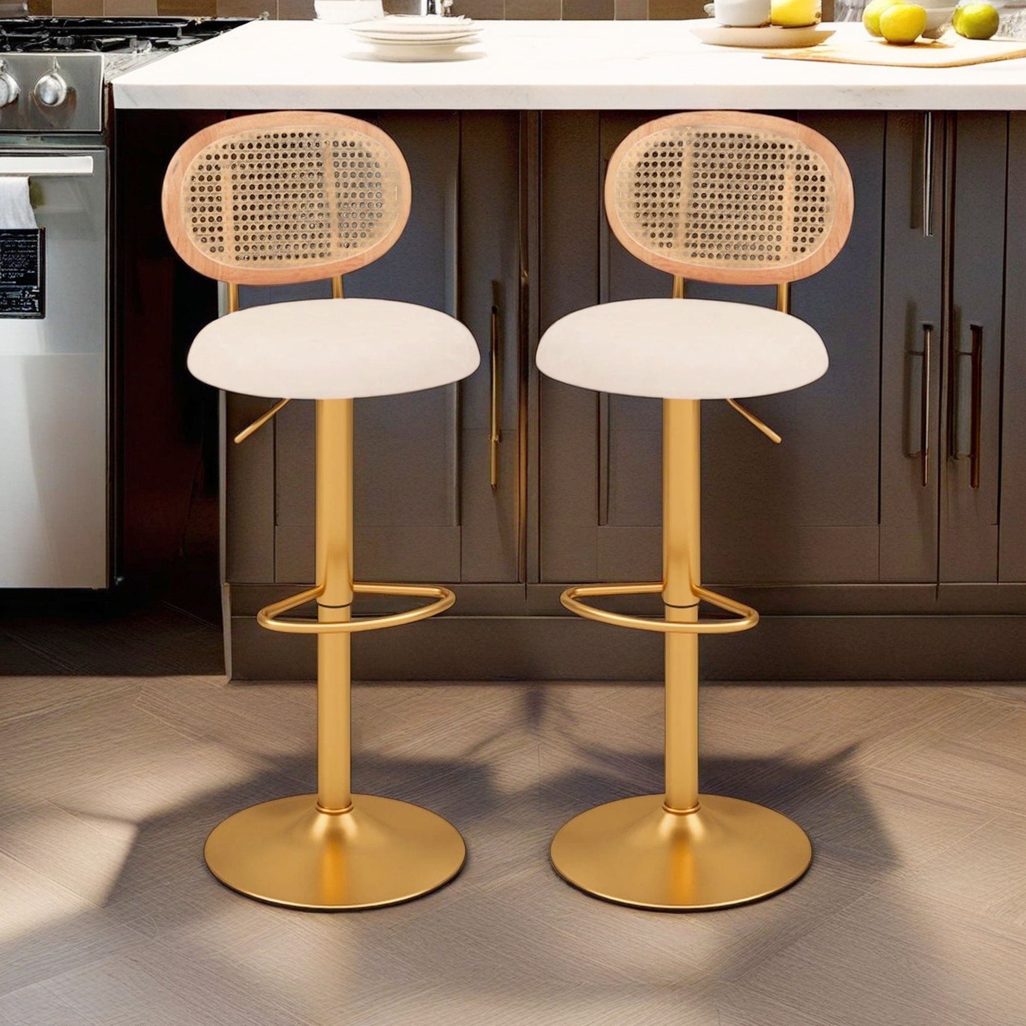Demi Bonn 2 Pieces Bar Chairs with PE Rattan Backrest, 360°Swivel and Height Adjustable Modern Dining Chair, Gold