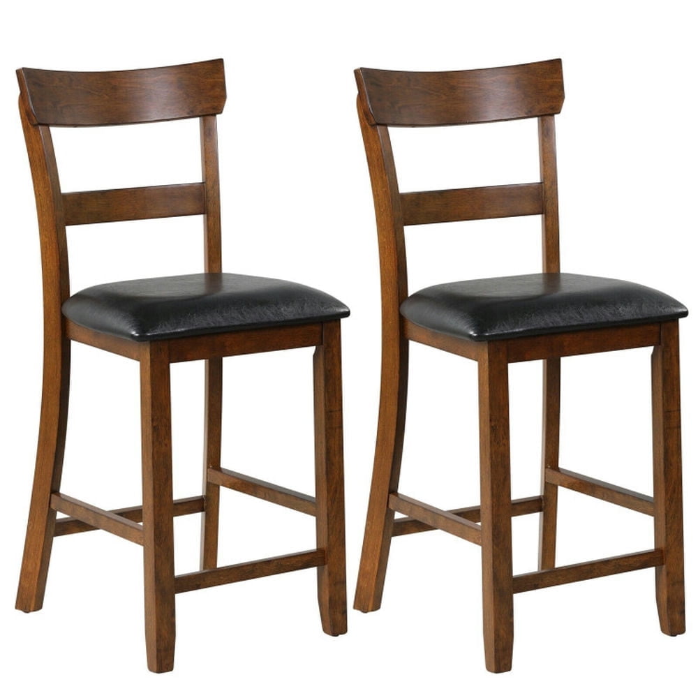 Demi Bonn 2 Pieces Counter Height Chair Set with Leather Seat and Rubber Wood Legs, Modern Bar Stools with Backrests, Black