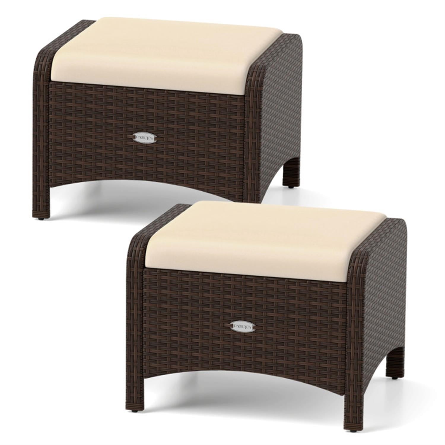 Demi Bonn 2 Pieces Outdoor Patio PE Wicker Ottomans with Removable Cushions for Yard, Pool or Backyard, Beige