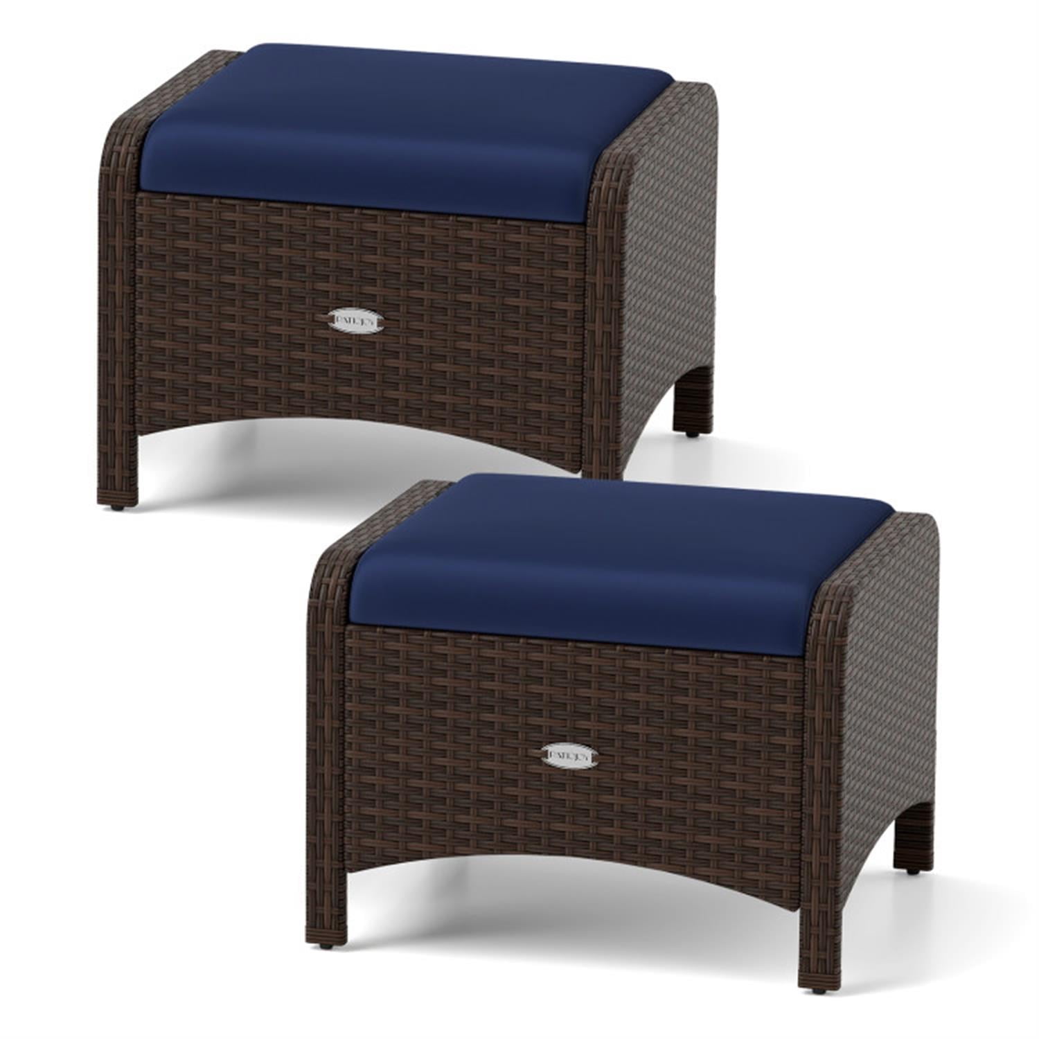 Demi Bonn 2 Pieces Outdoor Patio PE Wicker Ottomans with Removable Cushions for Yard, Pool or Backyard, Blue