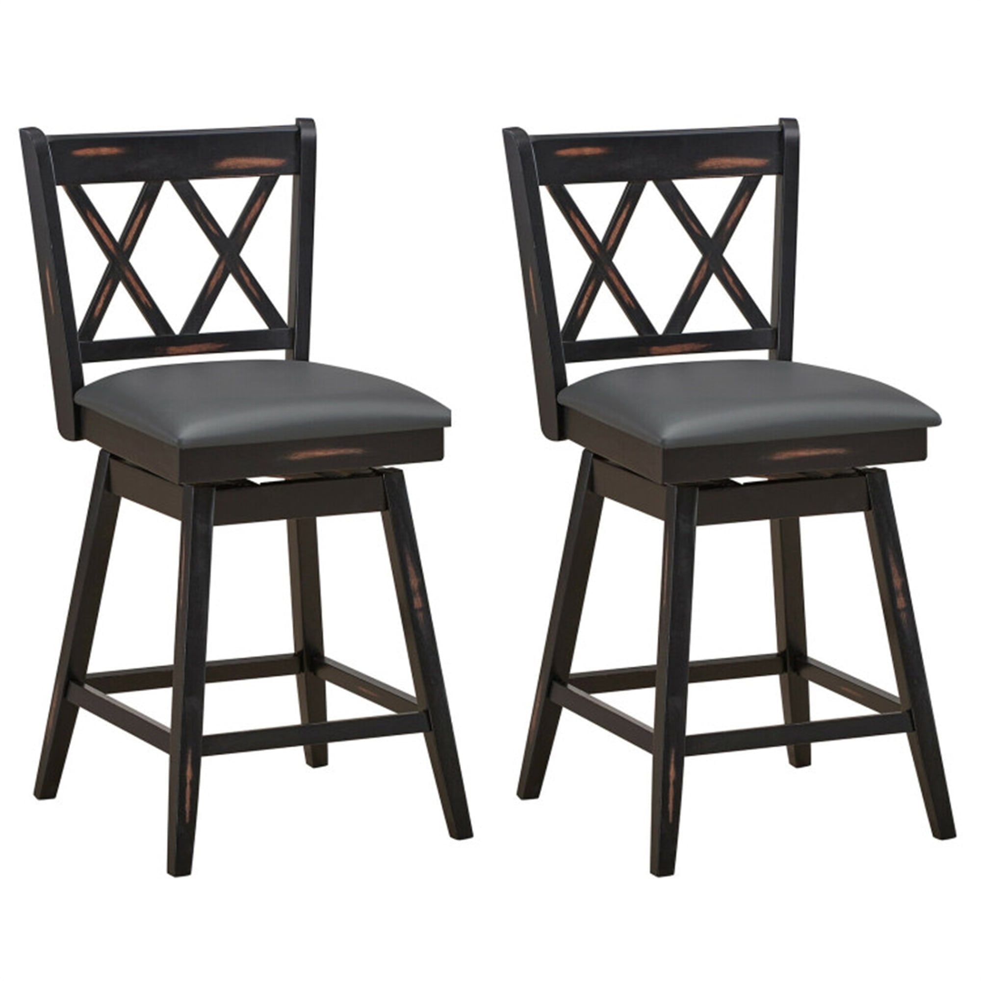 Demi Bonn 2 Pieces Swivel Counter Height Barstool Set with Rubber Wood Legs, 25" Modern Dining Chair with Backrests, Black