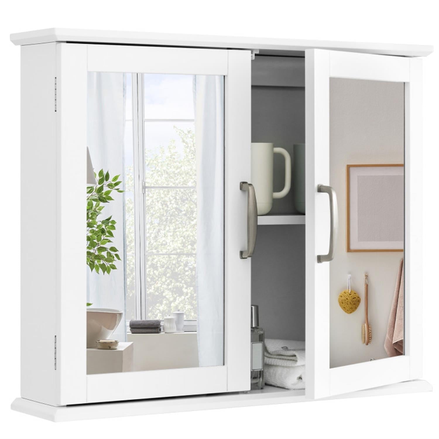 Demi Bonn 2-Tier Bathroom Wall Cabinet, Over The Toilet Space Saver Storage Cabinet, Medicine Cabinet with 2 Mirror Door and Shelves, Cupboard, White
