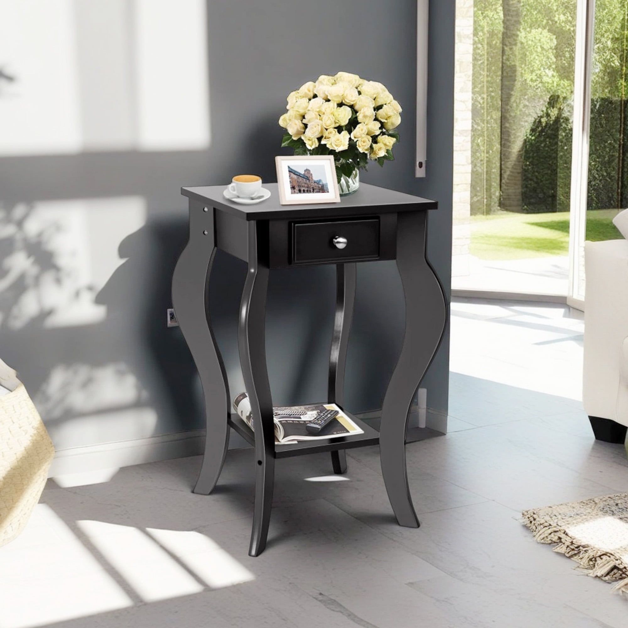 Demi Bonn 2-Tier End Side Table, Night Stand with Drawer and Shelf, Sofa Couch Table, for Small Spaces, Living Room, Bedroom, Black