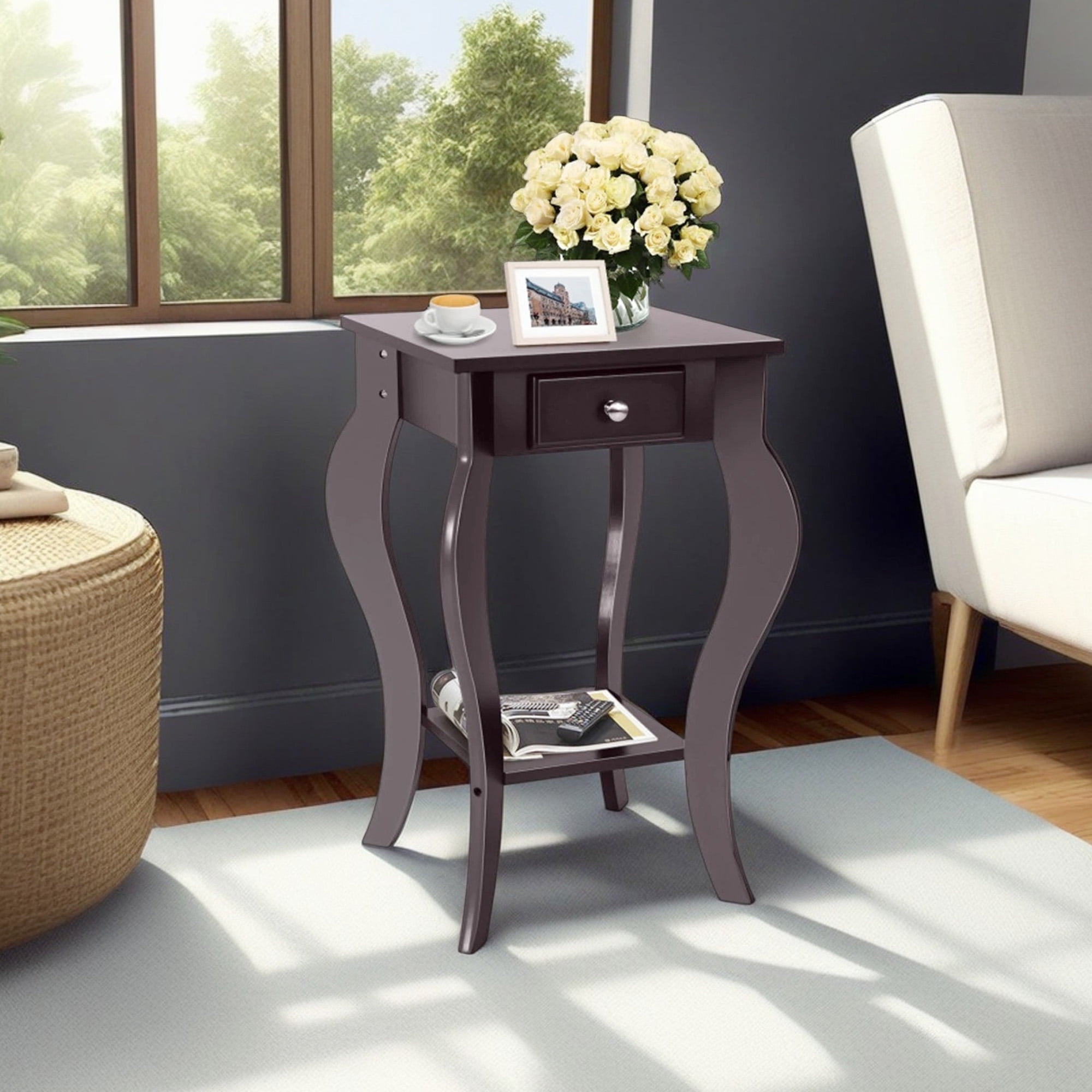 Demi Bonn 2-Tier End Side Table, Night Stand with Drawer and Shelf, Sofa Couch Table for Small Spaces, Living Room, Bedroom, Brown