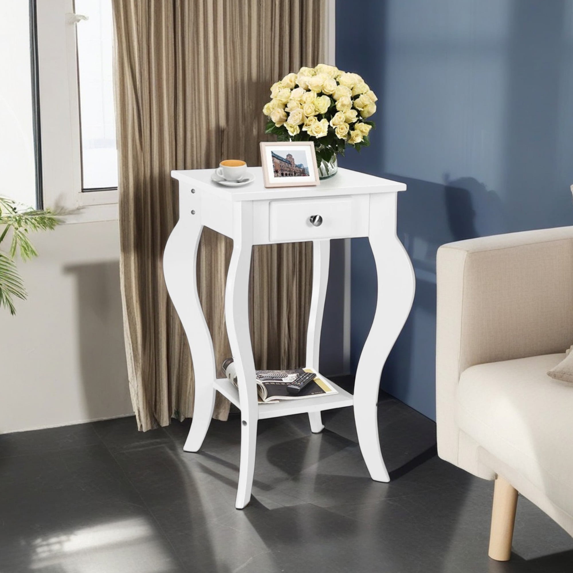 Demi Bonn 2-Tier End Side Table, Night Stand with Drawer and Shelf, Sofa Couch Table for Small Spaces, Living Room, Bedroom, White