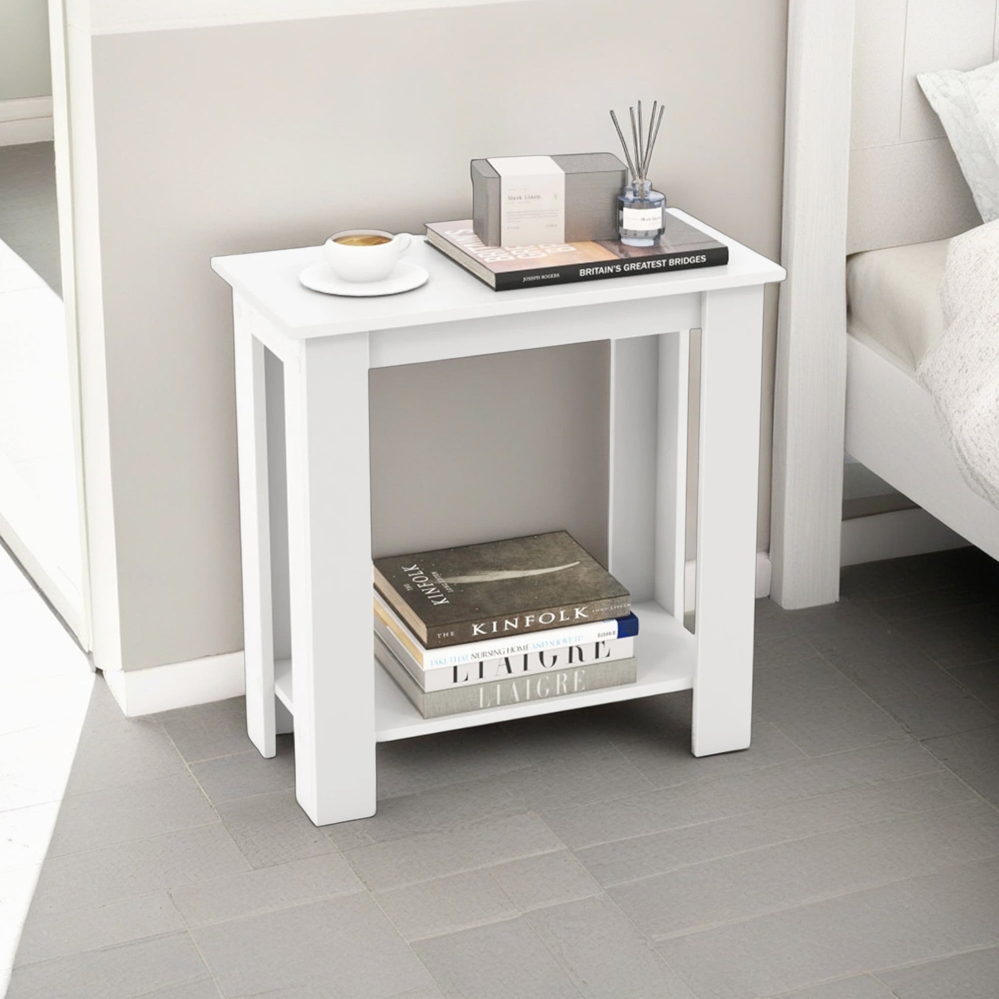 Demi Bonn 2-Tier Modern End Table with Storage Shelf, Compact Sofa Side Table, Bed Side Table, for Living Room, Bedroom, White