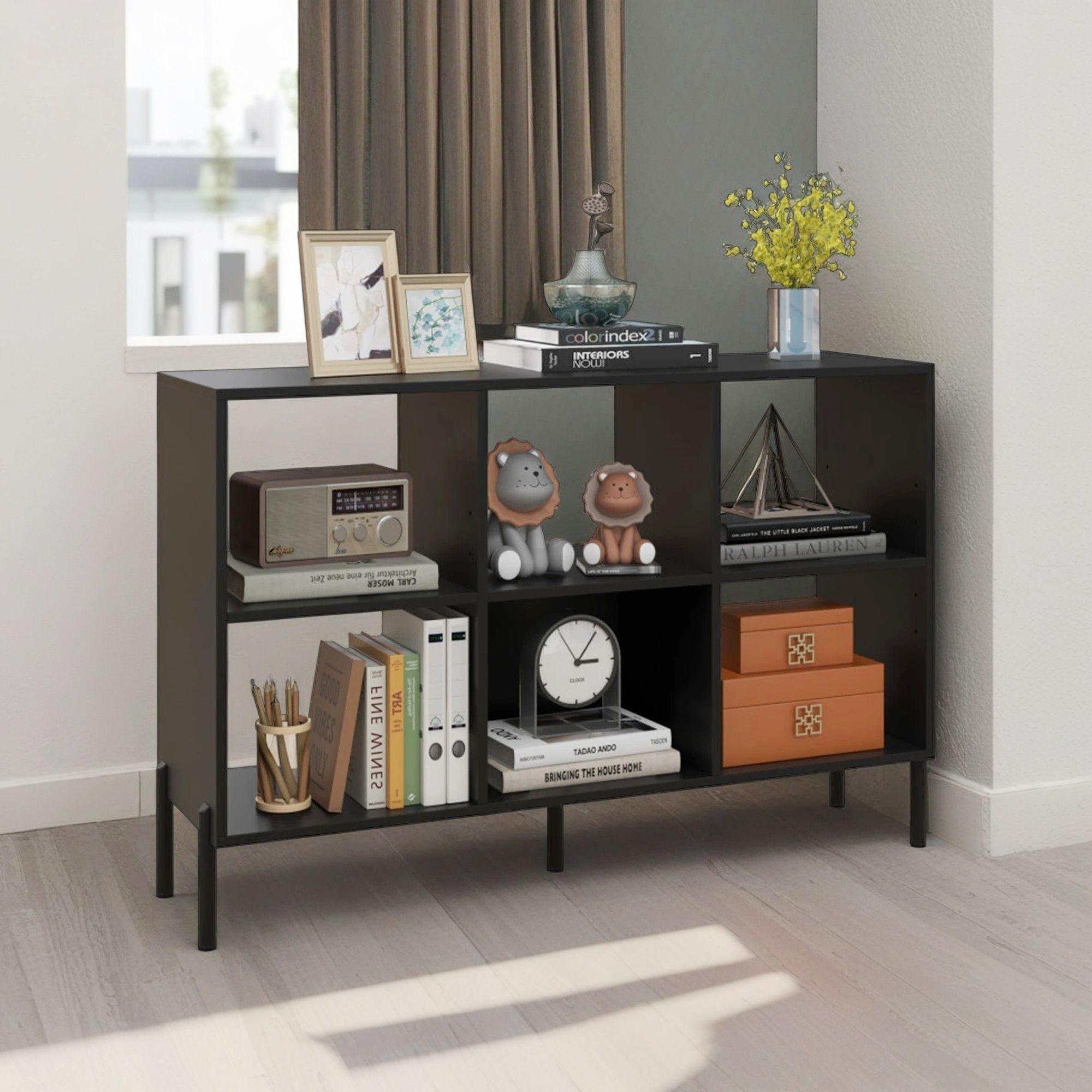 Demi Bonn 2-Tier Open-Back Bookshelf with Anti-Tipping Kits for Study, 6 Open Compartments Space Bookcase, Black