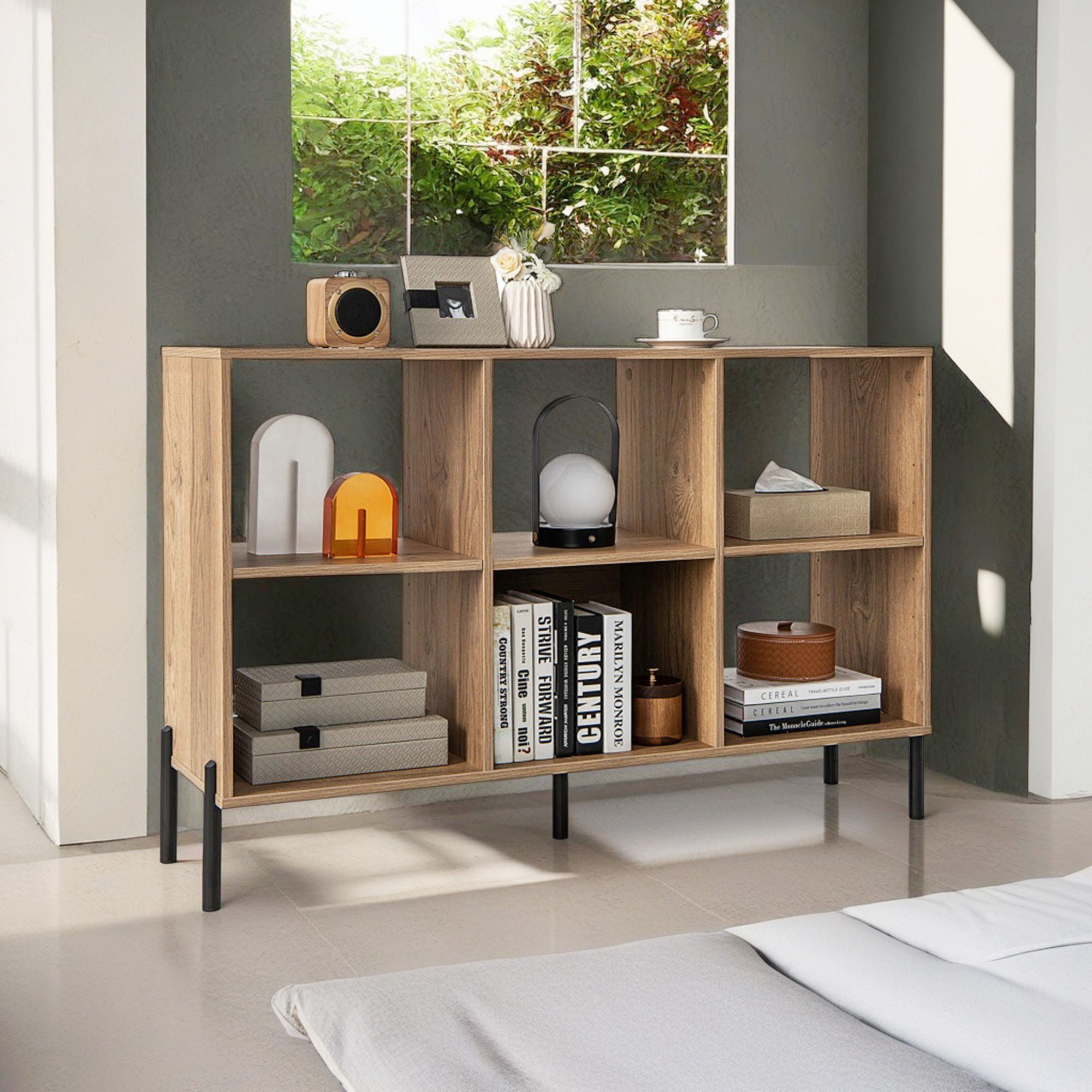 Finihen 2-Tier Open-Back Bookshelf with Anti-Tipping Kits for Study, 6 Open Compartments Space Bookcase, Brown Finihen 2-Tier Open-Back Bookshelf with Anti-Tipping Kits for Study, 6 Open Compartments Space Bookcase, Brown
