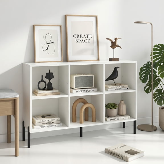 Demi Bonn 2-Tier Open-Back Bookshelf with Anti-Tipping Kits for Study, 6 Open Compartments Space Bookcase, White