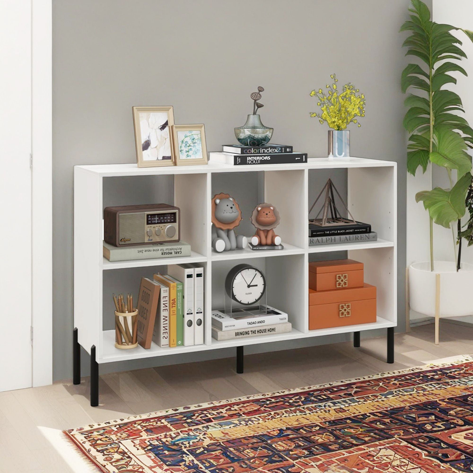 Finihen 2-Tier Open-Back Bookshelf with Anti-Tipping Kits for Study, 6 Open Compartments Space Bookcase, White Finihen 2-Tier Open-Back Bookshelf with Anti-Tipping Kits for Study, 6 Open Compartments Space Bookcase, White