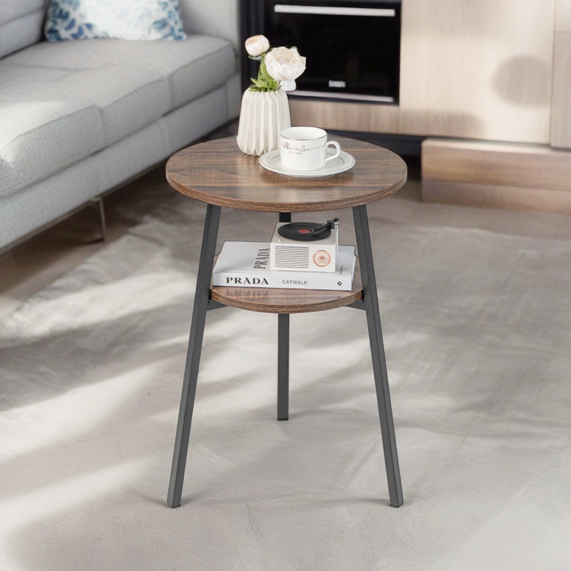 Demi Bonn 2-Tier Round End Table with Open Shelf and Triangular Metal Frame, Sofa Side Table, Bed Side Table, for Living Room, Bedroom, Brown