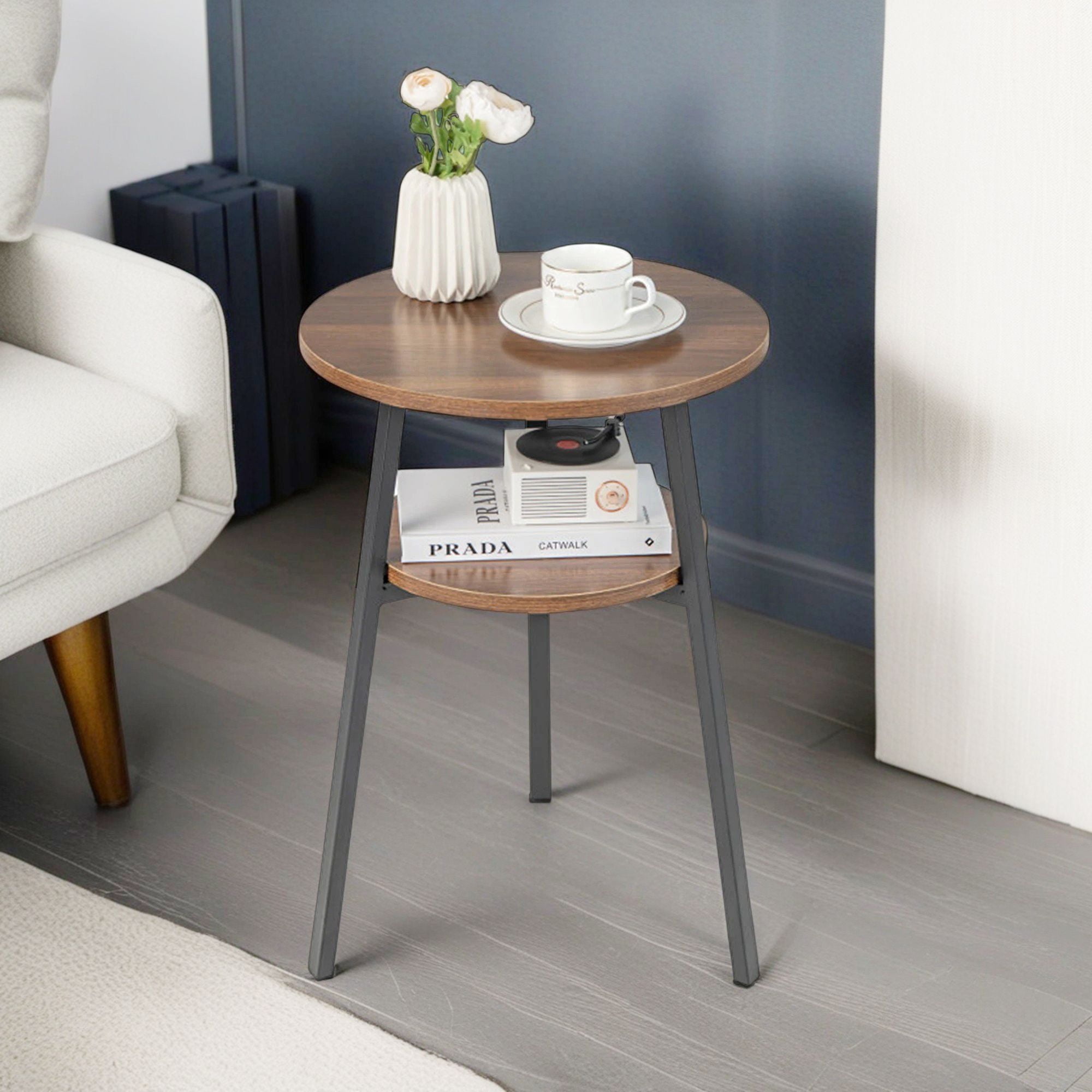 Demi Bonn 2-Tier Round End Table with Open Shelf and Triangular Metal Frame, Sofa Side Table, Bed Side Table, for Living Room, Bedroom, Walnut