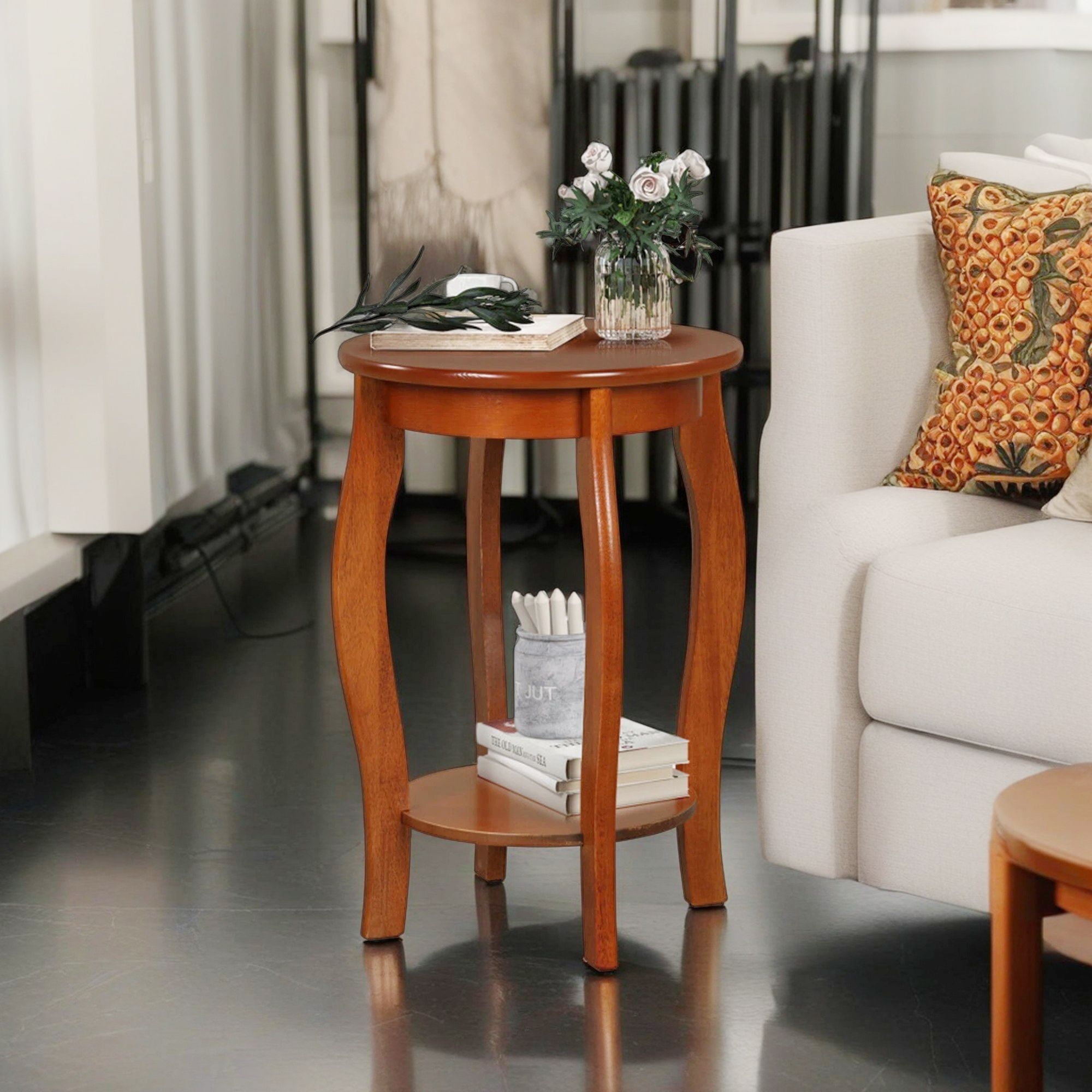 Demi Bonn 2-Tier Round End Table with Storage Shelf, 15" Sofa Side Table, Bed Side Table, for Living Room, Bedroom, Walnut