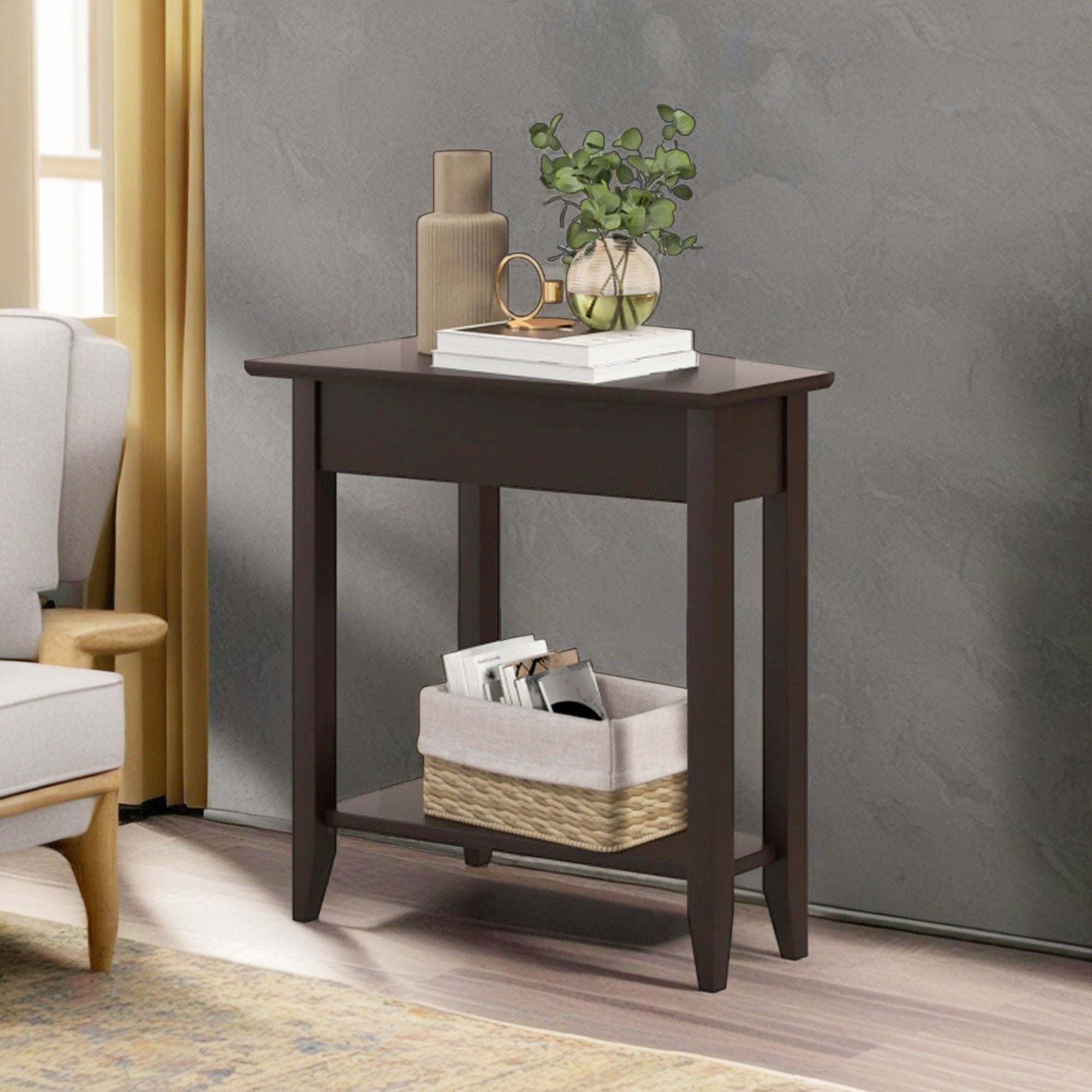 Demi Bonn 2-Tier Wedge Narrow End Table with Storage Shelf and Solid Wood Legs, Sofa Side Table, Bed Side Table, for Living Room, Bedroom, Brown